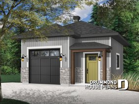 Color version 1 - Front - One-car garage plan, modern style, 10' ceiling, with storage area or workshop space. - Passat