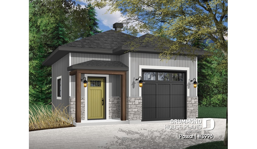 Color version 1 - Front - One-car garage plan, modern style, 10' ceiling, with storage area or workshop space. - Passat
