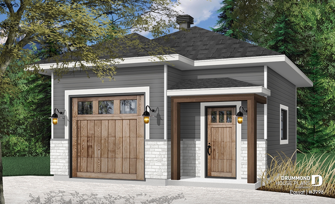 front - BASE MODEL - Single-car garage plan, 20' x 24', 10-ft ceiling, country and farmhouse style, insulated walls, natural light - Passat