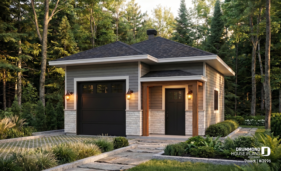 front - BASE MODEL - Single-car garage plan, 20' x 24', 10-ft ceiling, country and farmhouse style, insulated walls, natural light - Passat