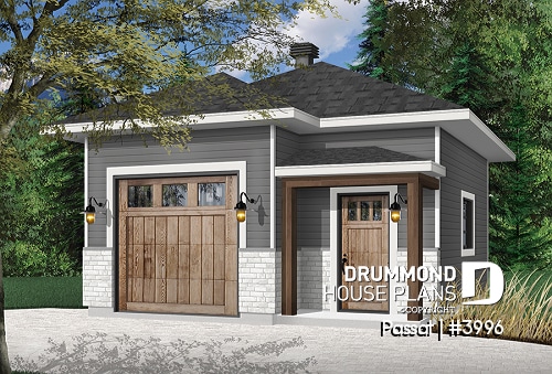 front - BASE MODEL - One-car garage plan, modern style, 10' ceiling, with storage area or workshop space. - Passat