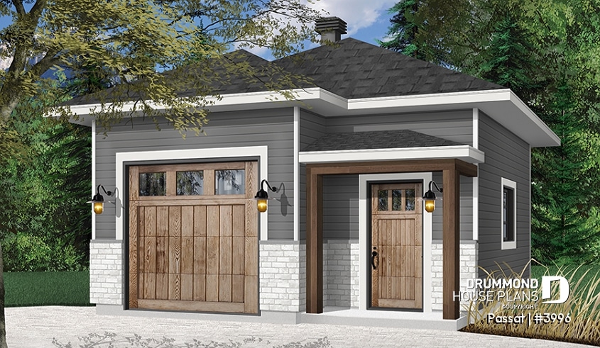 front - BASE MODEL - One-car garage plan, modern style, 10' ceiling, with storage area or workshop space. - Passat