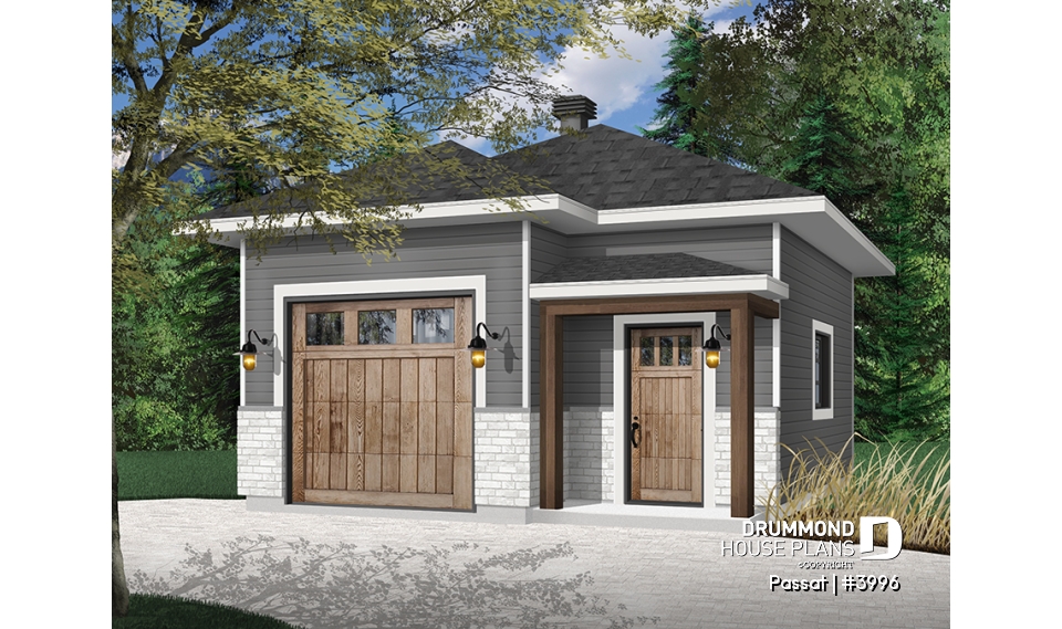 front - BASE MODEL - Single-car garage plan, 20' x 24', 10-ft ceiling, country and farmhouse style, insulated walls, natural light - Passat