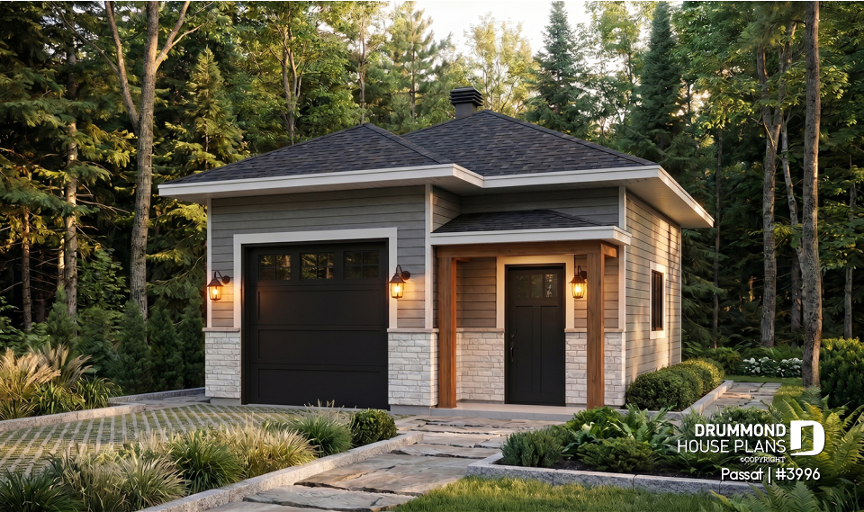 front - BASE MODEL - Single-car garage plan, 20' x 24', 10-ft ceiling, country and farmhouse style, insulated walls, natural light - Passat