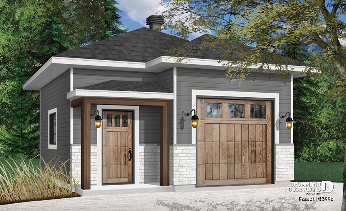 front - BASE MODEL - Single-car garage plan, 20' x 24', 10-ft ceiling, country and farmhouse style, insulated walls, natural light - Passat