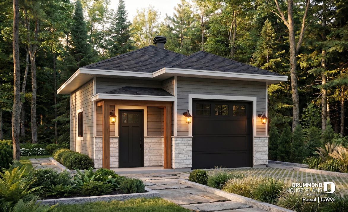 front - BASE MODEL - Single-car garage plan, 20' x 24', 10-ft ceiling, country and farmhouse style, insulated walls, natural light - Passat