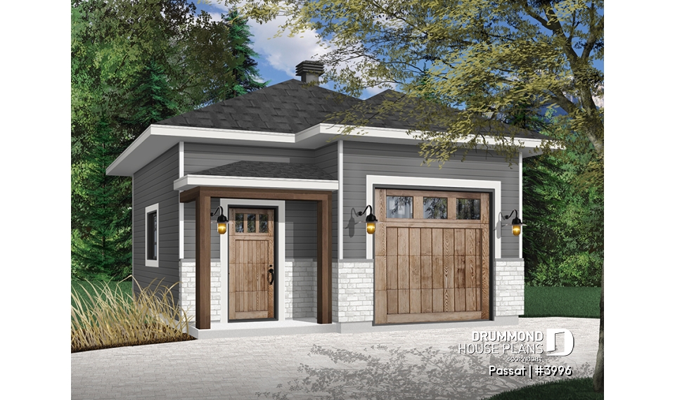 front - BASE MODEL - Single-car garage plan, 20' x 24', 10-ft ceiling, country and farmhouse style, insulated walls, natural light - Passat