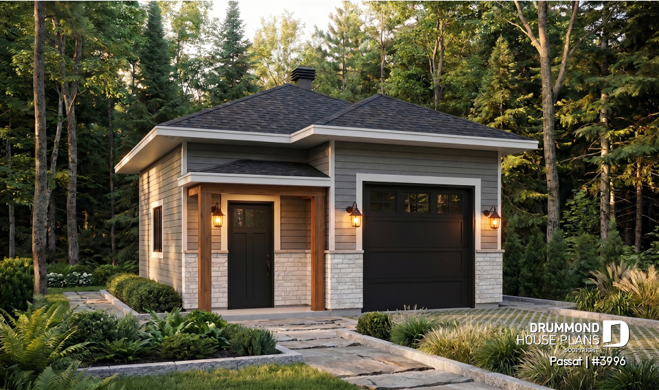 front - BASE MODEL - Single-car garage plan, 20' x 24', 10-ft ceiling, country and farmhouse style, insulated walls, natural light - Passat