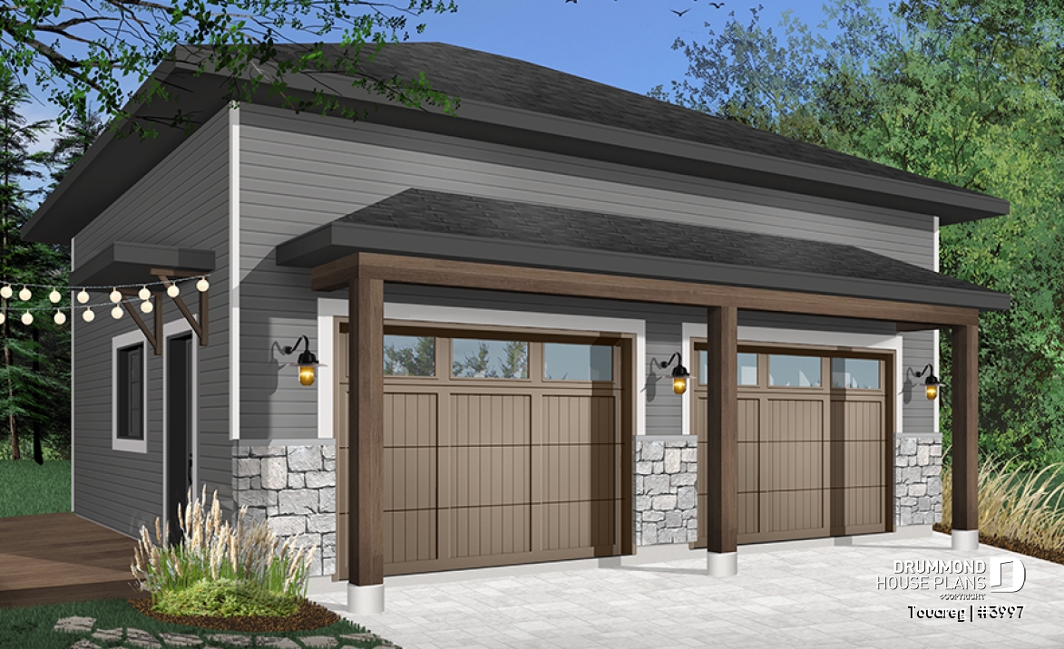 Color version 2 - Front - Two-car garage design, modern rustic style, 12' ceiling high. - Touareg
