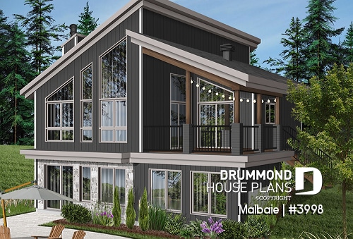 Color version 5 - Rear - Ski or mountain cottage plan with walkout basement, large covered deck, 3  beds, 2 bathrooms, open  concept - Malbaie