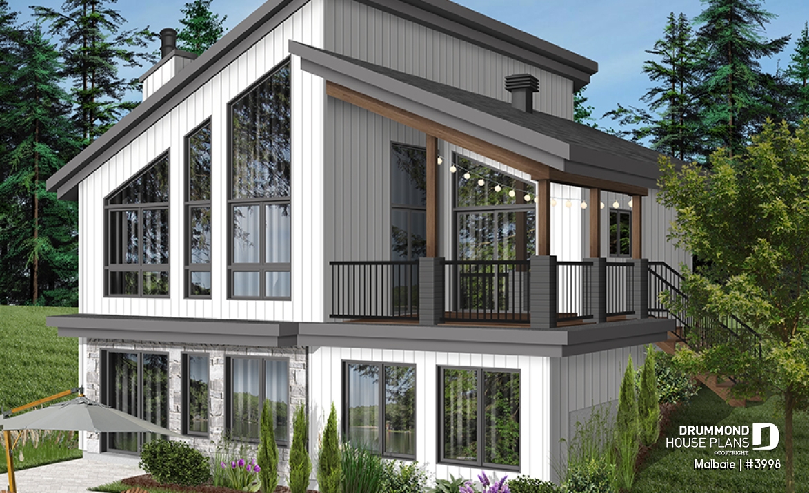 Rear view - BASE MODEL - Ski or mountain cottage plan with walkout basement, large covered deck, 3  beds, 2 bathrooms, open  concept - Malbaie