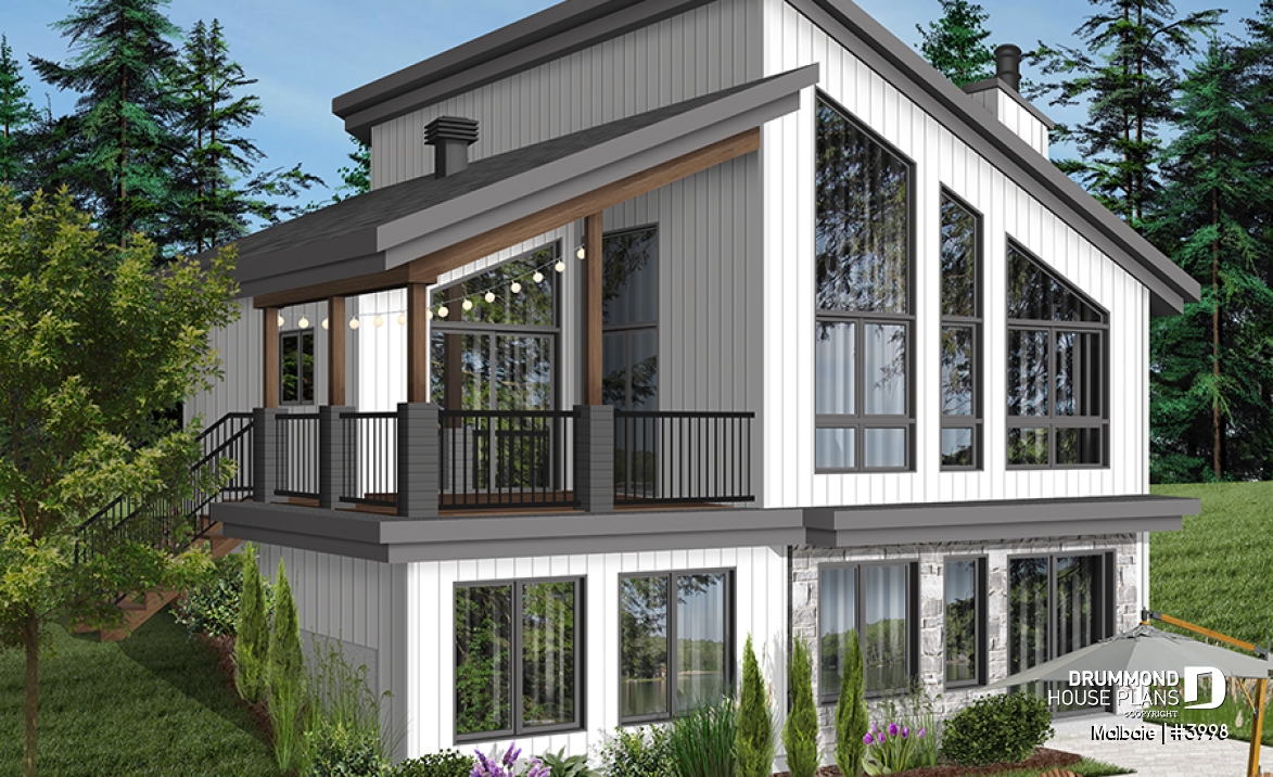 Rear view - BASE MODEL - Ski or mountain cottage plan with walkout basement, large covered deck, 3  beds, 2 bathrooms, open  concept - Malbaie
