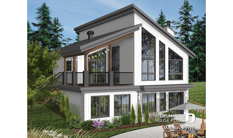 Rear view - BASE MODEL - Ski or mountain cottage plan with walkout basement, large covered deck, 3  beds, 2 bathrooms, open  concept - Malbaie