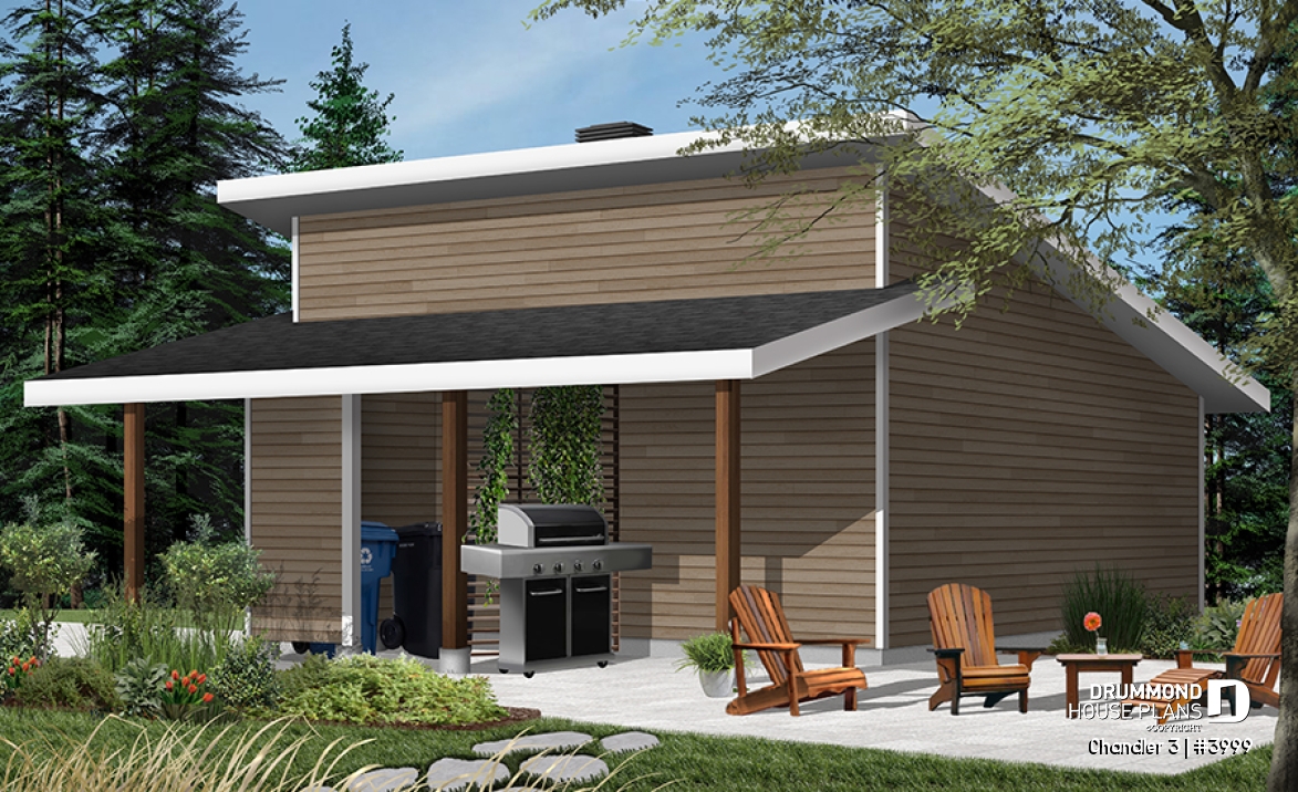 Color version 4 - Rear - Two-car garage plan with covered side deck, modern style 2-car garage plan - Chandler 3