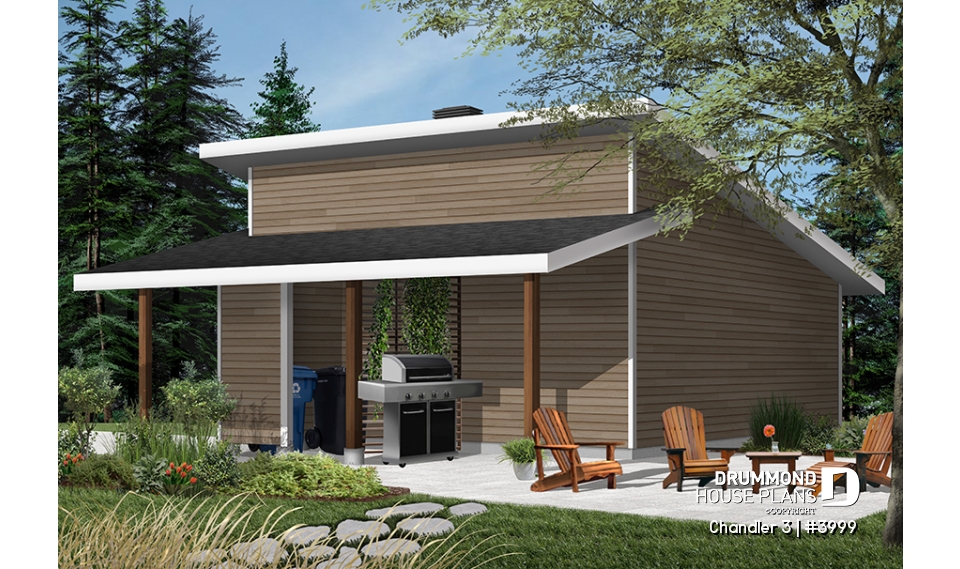 Color version 4 - Rear - Two-car garage plan with covered side deck, modern style 2-car garage plan - Chandler 3