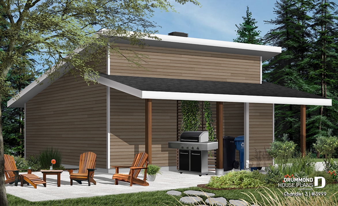 Color version 4 - Rear - Two-car garage plan with covered side deck, modern style 2-car garage plan - Chandler 3