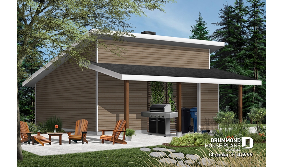 Color version 4 - Rear - Two-car garage plan with covered side deck, modern style 2-car garage plan - Chandler 3
