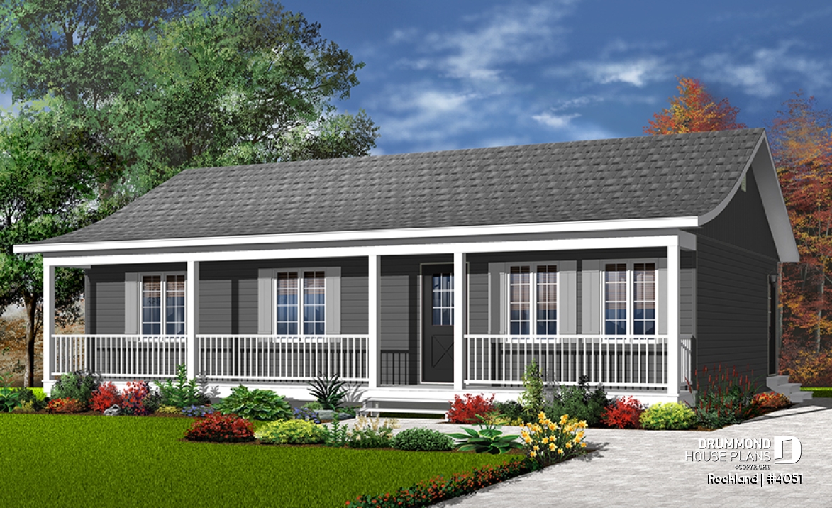 Color version 1 - Front - Affordable bungalow house plan, 3 bedrooms, front porch, large family room, laundry closet on main - Rockland
