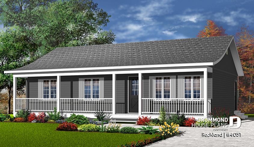 Color version 1 - Front - Affordable bungalow house plan, 3 bedrooms, front porch, large family room, laundry closet on main - Rockland