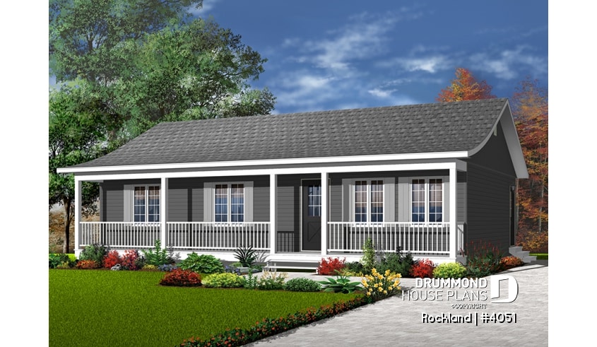 Color version 1 - Front - Affordable bungalow house plan, 3 bedrooms, front porch, large family room, laundry closet on main - Rockland