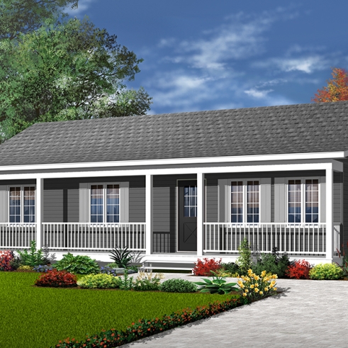 Color version 1 - Front - Affordable bungalow house plan, 3 bedrooms, front porch, large family room, laundry closet on main - Rockland
