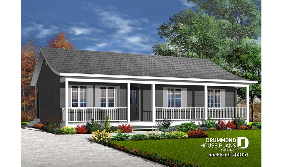Color version 1 - Front - Affordable bungalow house plan, 3 bedrooms, front porch, large family room, laundry closet on main - Rockland