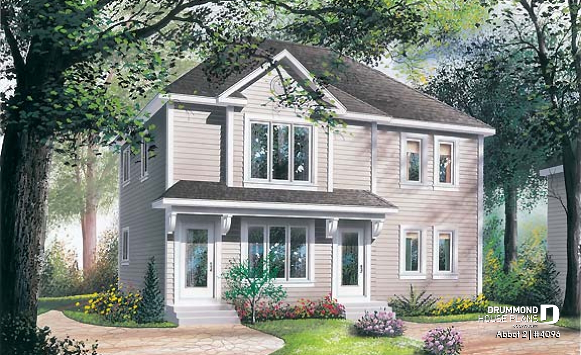 front - BASE MODEL - Duplex house plan with 2 bedroom per unit, kitchen with lunch counter, open floor plan - Abbot 2