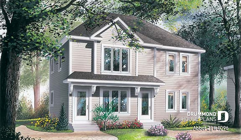 front - BASE MODEL - Duplex house plan with 2 bedroom per unit, kitchen with lunch counter, open floor plan - Abbot 2