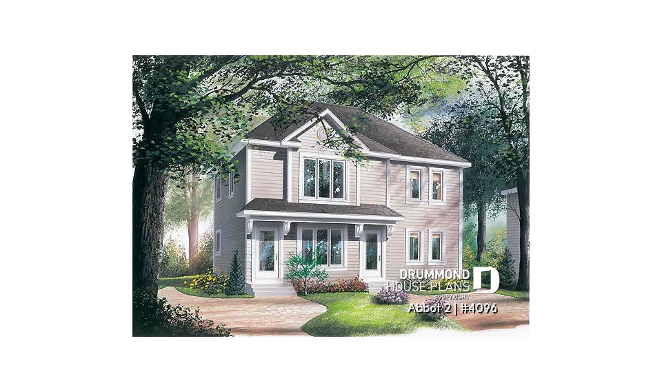 front - BASE MODEL - Duplex house plan with 2 bedroom per unit, kitchen with lunch counter, open floor plan - Abbot 2