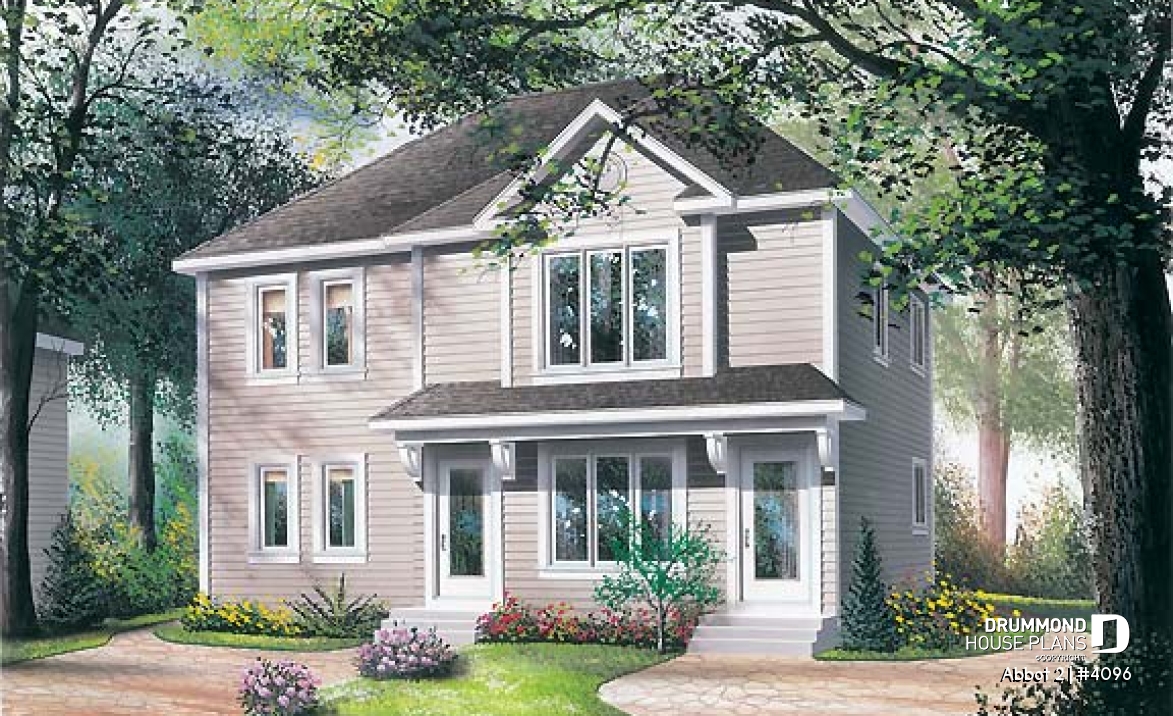 front - BASE MODEL - Duplex house plan with 2 bedroom per unit, kitchen with lunch counter, open floor plan - Abbot 2