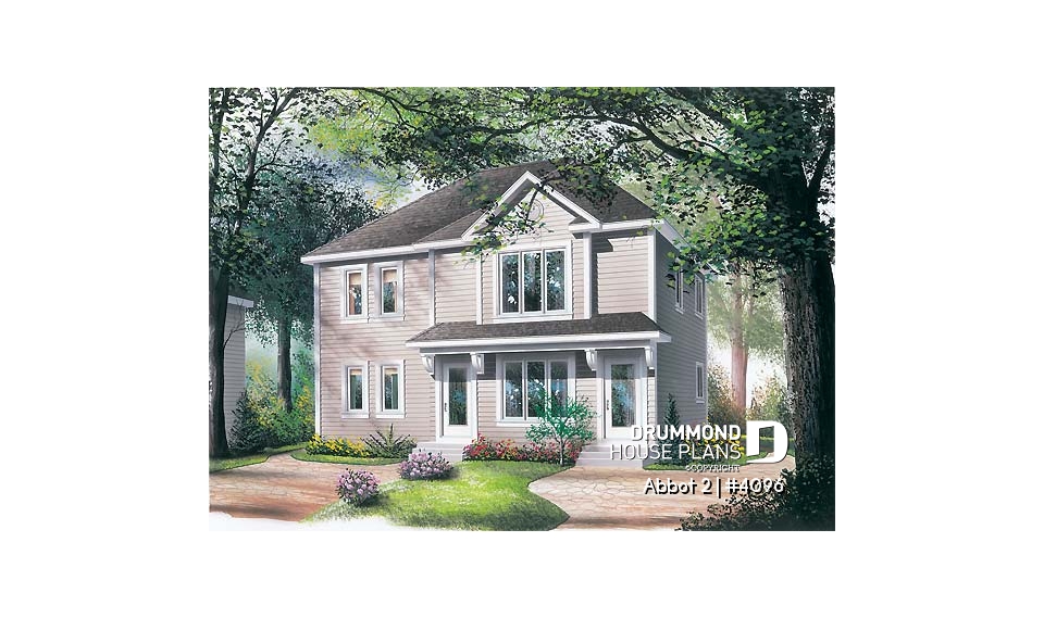 front - BASE MODEL - Duplex house plan with 2 bedroom per unit, kitchen with lunch counter, open floor plan - Abbot 2