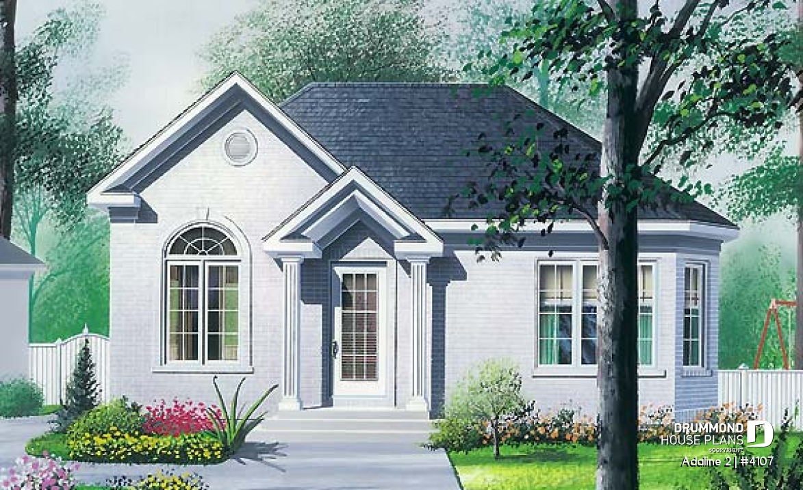 front - BASE MODEL - European style inspired one-storey house plan with 2 bedrooms, economical, cathedral ceiling - Adaline 2