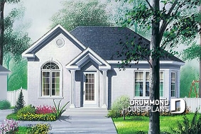 front - BASE MODEL - European style inspired one-storey house plan with 2 bedrooms, economical, cathedral ceiling - Adaline 2