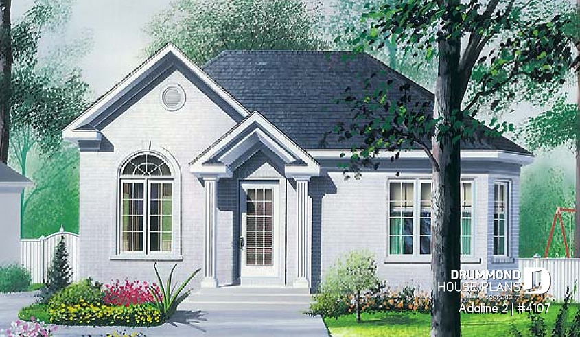 front - BASE MODEL - European style inspired one-storey house plan with 2 bedrooms, economical, cathedral ceiling - Adaline 2