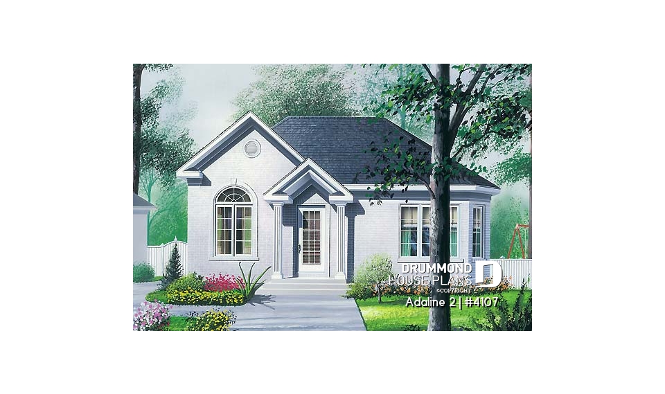 front - BASE MODEL - European style inspired one-storey house plan with 2 bedrooms, economical, cathedral ceiling - Adaline 2