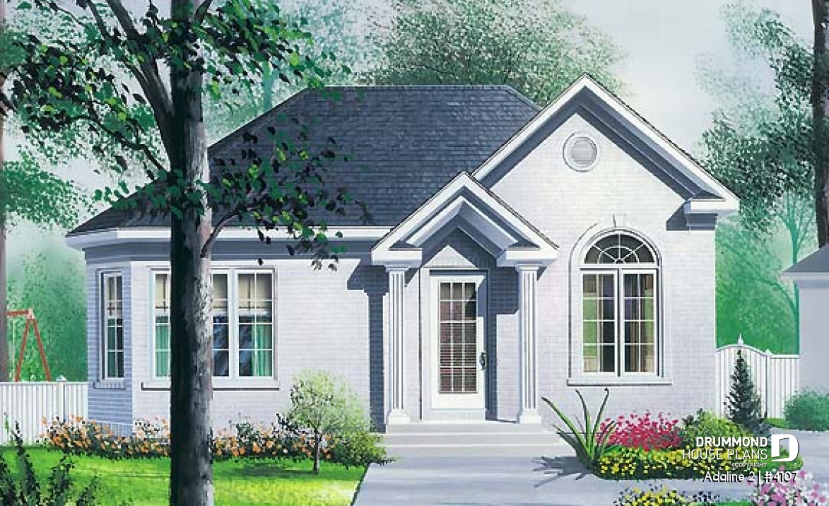 front - BASE MODEL - European style inspired one-storey house plan with 2 bedrooms, economical, cathedral ceiling - Adaline 2