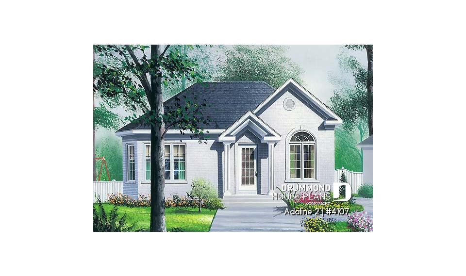 front - BASE MODEL - European style inspired one-storey house plan with 2 bedrooms, economical, cathedral ceiling - Adaline 2