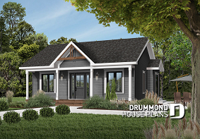 Color version 3 - Front - One-story low-budget house plan, 2 bedrooms, eat-in kitchen, unfinished daylight basement - Cranston