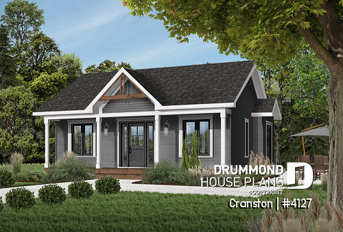 Color version 3 - Front - One-story low-budget house plan, 2 bedrooms, eat-in kitchen, unfinished daylight basement - Cranston