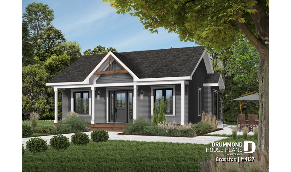 Color version 3 - Front - One-story low-budget house plan, 2 bedrooms, eat-in kitchen, unfinished daylight basement - Cranston
