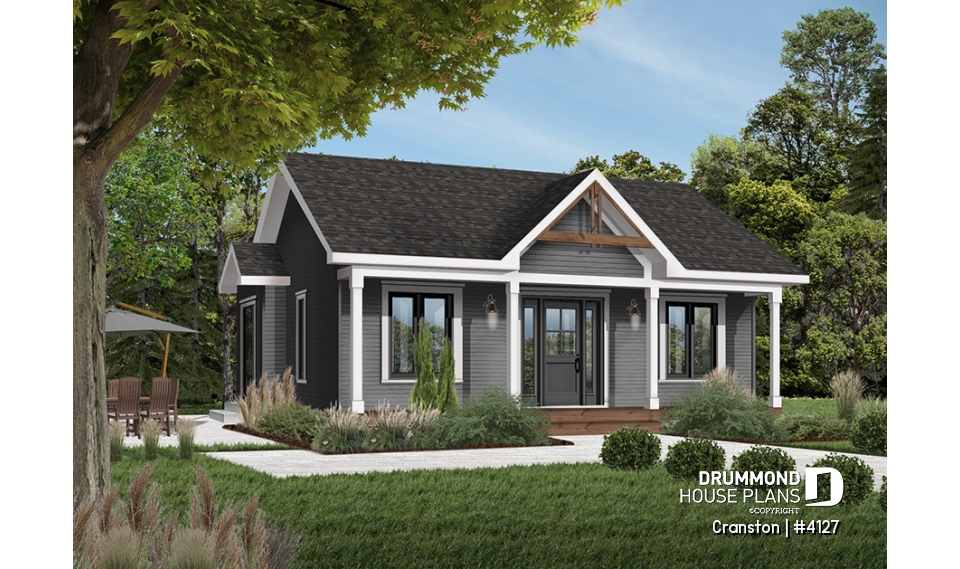 Color version 3 - Front - One-story low-budget house plan, 2 bedrooms, eat-in kitchen, unfinished daylight basement - Cranston