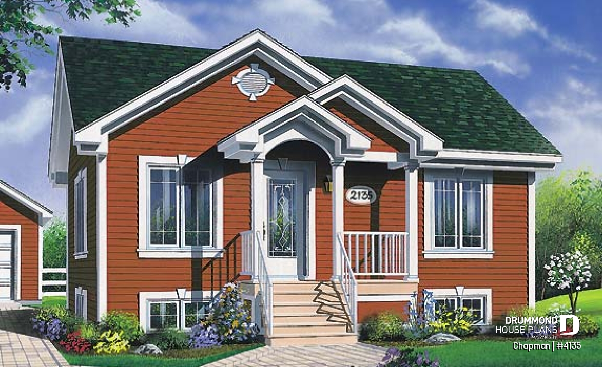 front - BASE MODEL - Rised foundation, one-storey house plan with 2 bedrooms, kitchen with lots of storage - Chapman