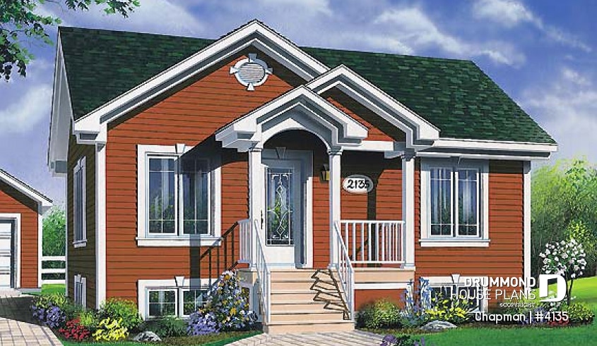 front - BASE MODEL - Rised foundation, one-storey house plan with 2 bedrooms, kitchen with lots of storage - Chapman