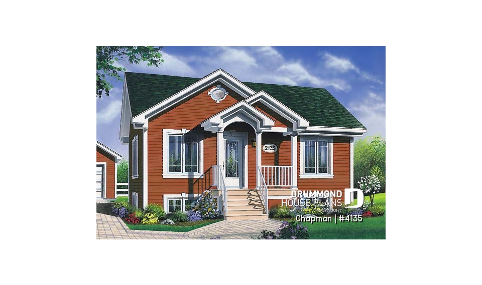 front - BASE MODEL - Rised foundation, one-storey house plan with 2 bedrooms, kitchen with lots of storage - Chapman