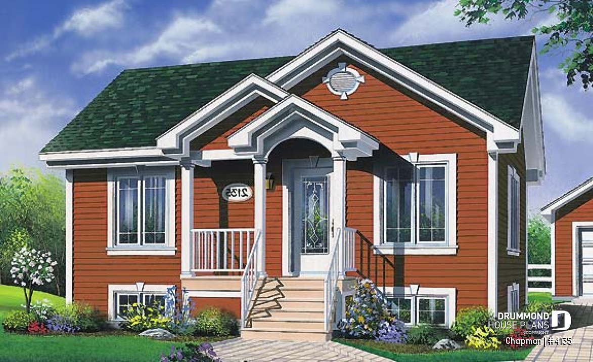 front - BASE MODEL - Rised foundation, one-storey house plan with 2 bedrooms, kitchen with lots of storage - Chapman
