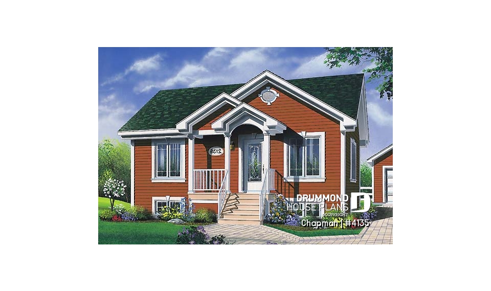 front - BASE MODEL - Rised foundation, one-storey house plan with 2 bedrooms, kitchen with lots of storage - Chapman