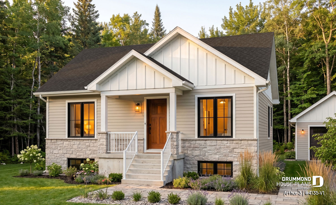 front - BASE MODEL - Affordable House Plan, Modern Farmhouse, Up to 5 Bedrooms, Unfinished Basement, Open Concept - Arthur 3