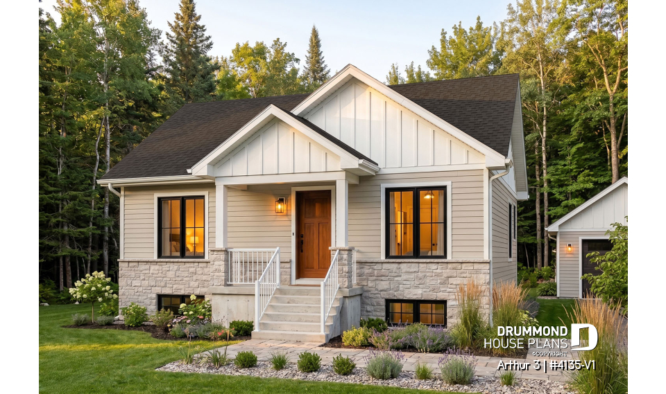 front - BASE MODEL - Affordable House Plan, Modern Farmhouse, Up to 5 Bedrooms, Unfinished Basement, Open Concept - Arthur 3