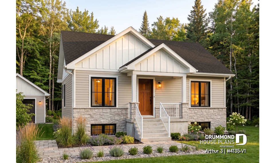 front - BASE MODEL - Affordable House Plan, Modern Farmhouse, Up to 5 Bedrooms, Unfinished Basement, Open Concept - Arthur 3