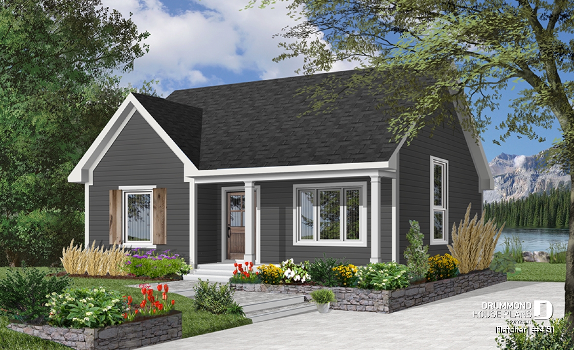 Color version 4 - Front - Small and affordable bungalow house plan, 2 bedrooms, cathedral ceiling, closed foyer - Fletcher
